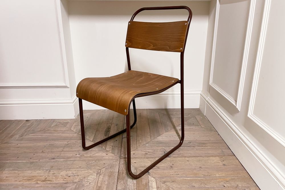 burgundy stacking chair with plywood seat and back